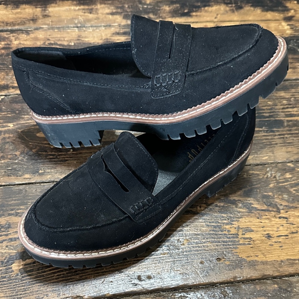 Jellypop Black Suede Penny Loafers with Lug Sole - Picture 3 of 4